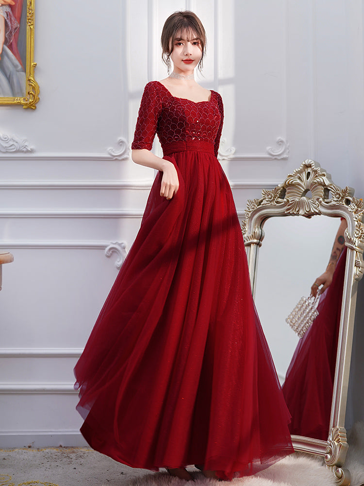 Vestito da sera bordeaux lungo da donna con maniche lunghe