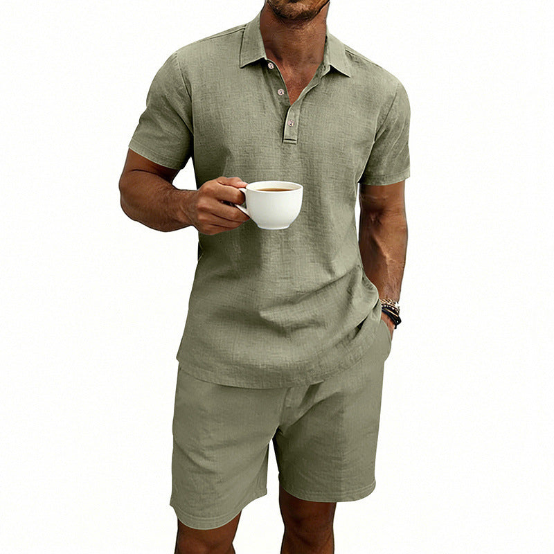Set di pantaloncini e camicia a maniche corte casual da uomo in lino