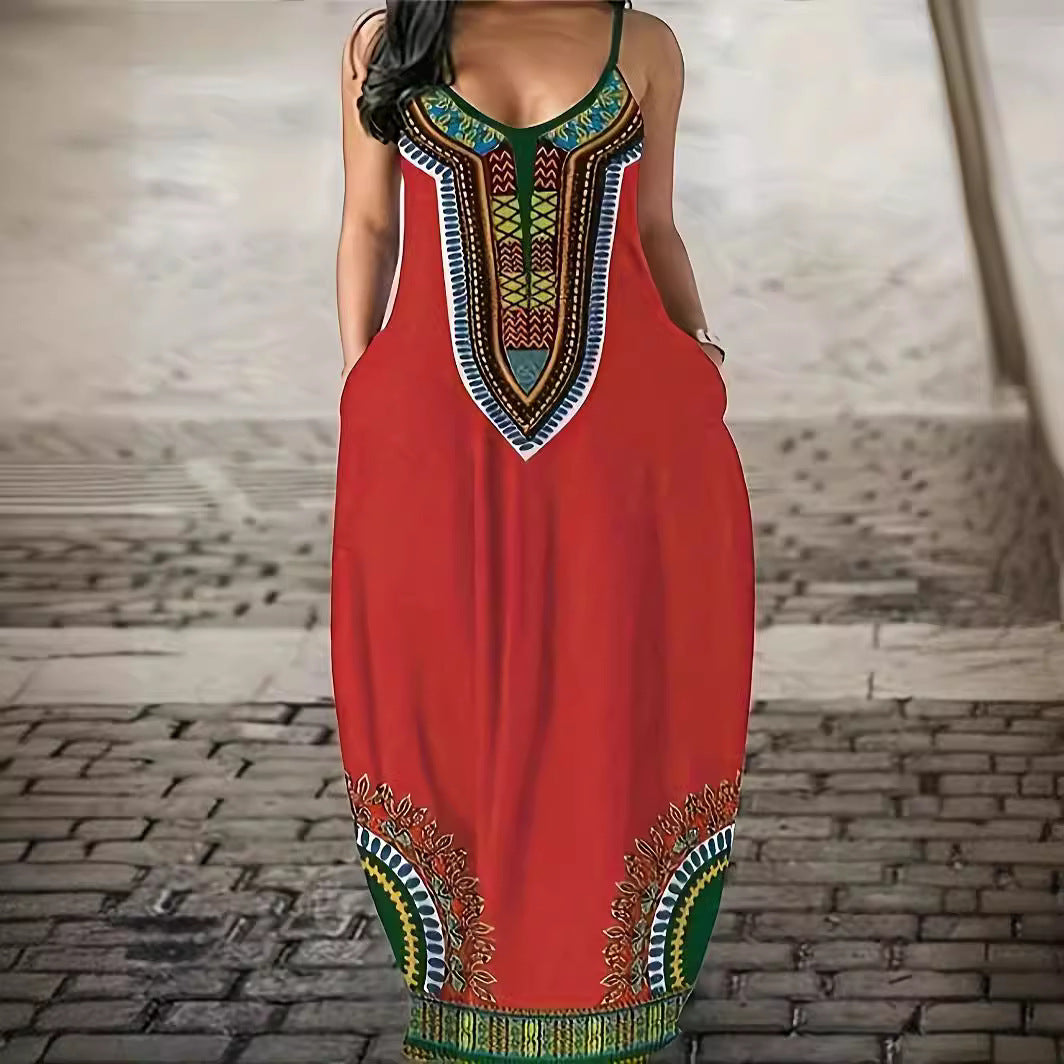 V-neck Strap Long Digital Printing Ladies Dress