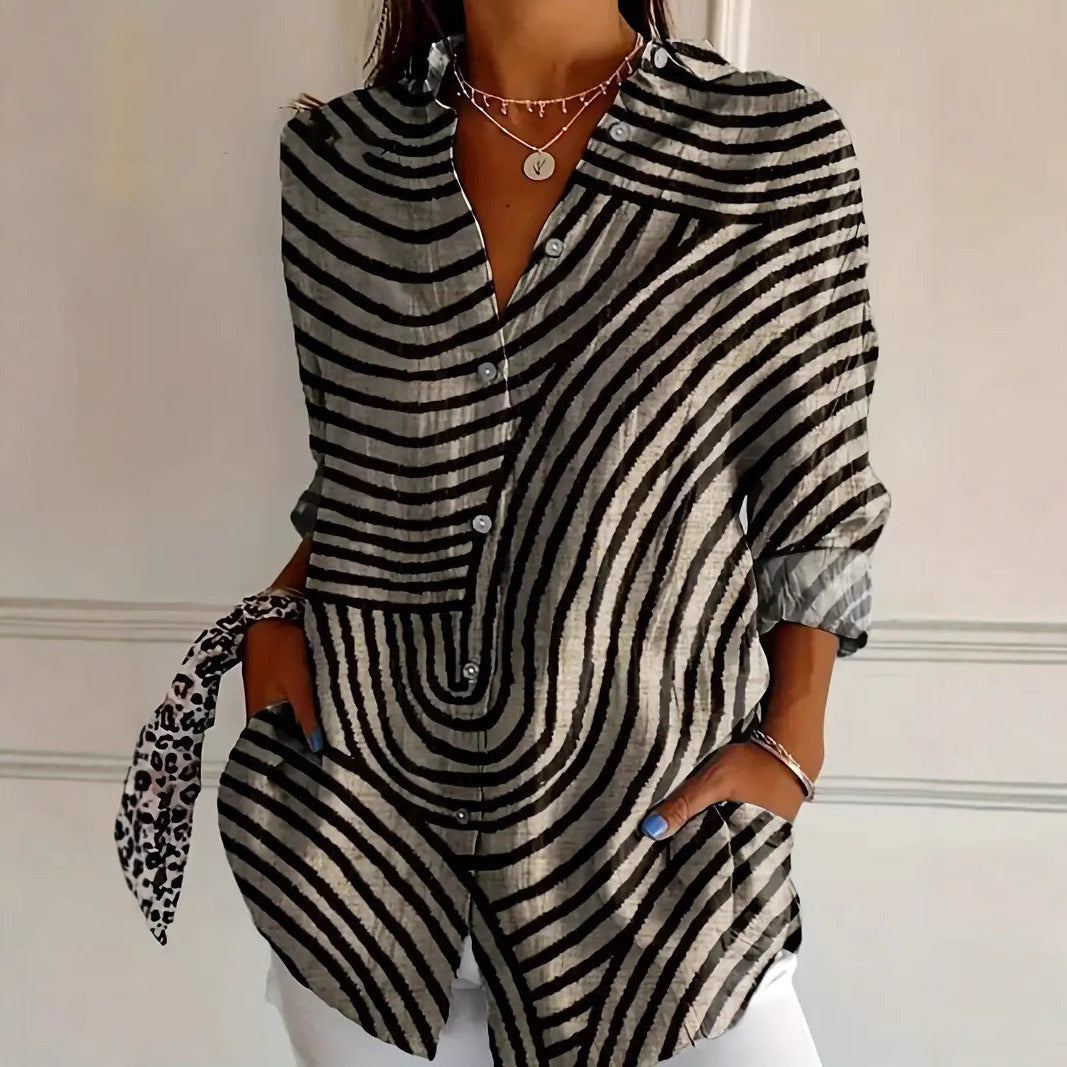 Camicia da donna a maniche lunghe con bottoni e stampa ampia e creativa