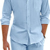 Men's Summer Two-piece Polyester Button Shirt Long Sleeve Shorts
