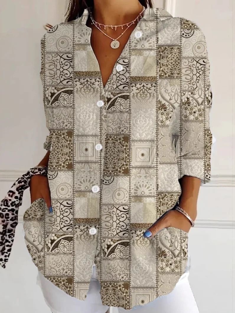 Camicia da donna a maniche lunghe con bottoni e stampa ampia e creativa