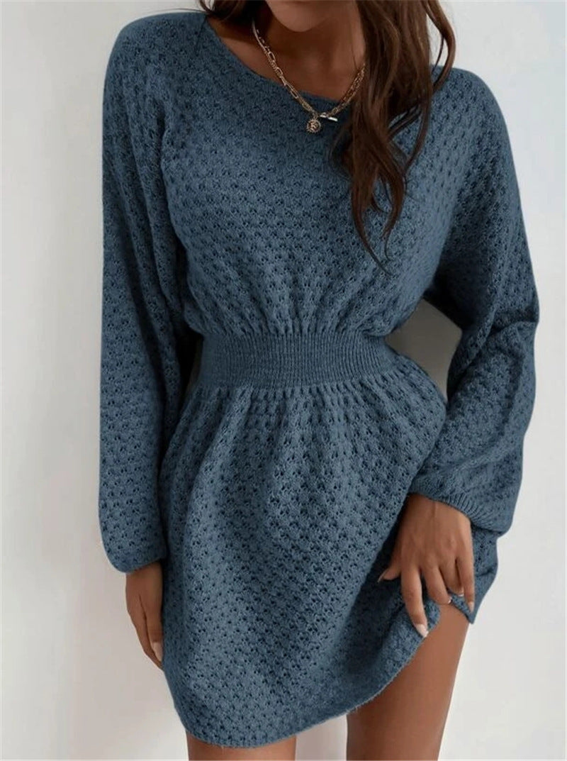 French Loose Round Neck Design Fitted Waist Sweater Knitted Dress