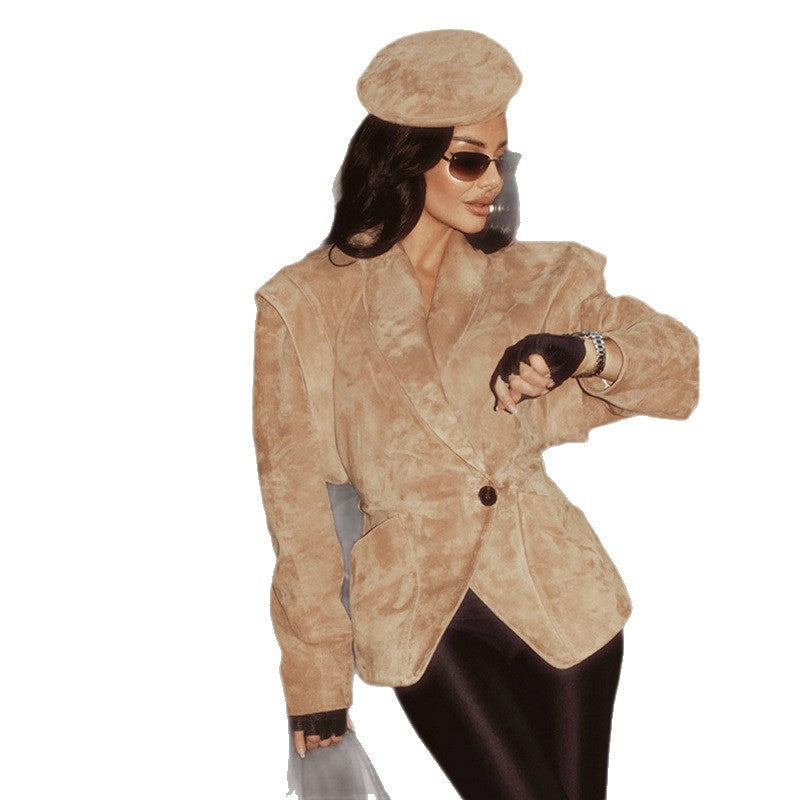 Giacca patchwork attillata in pelle scamosciata tinta unita con revers e vita