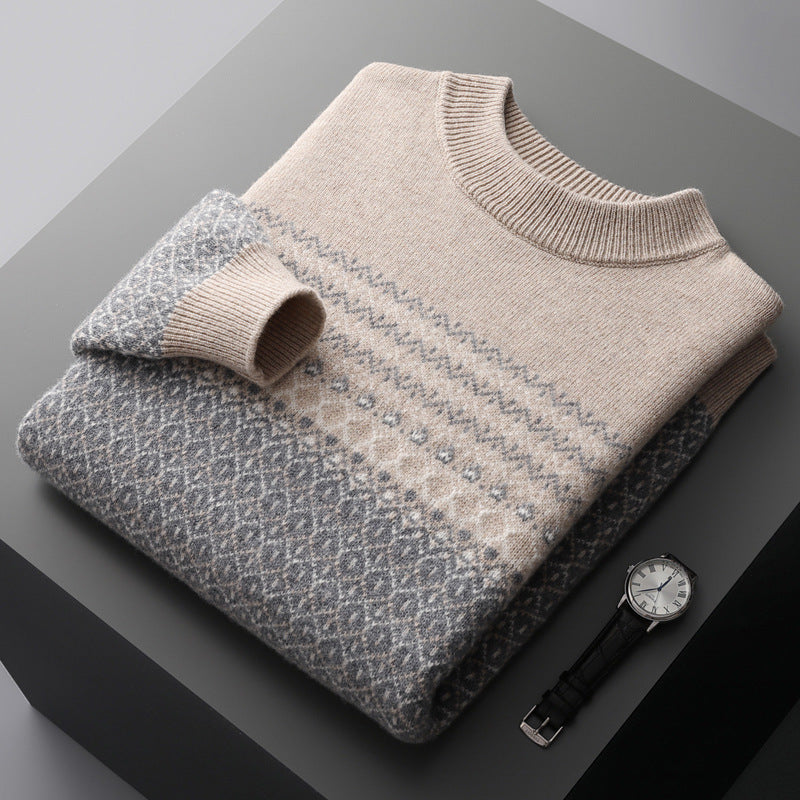 Men's Pure Wool Sweater Loose-fitting Casual Round-neck Color Matching
