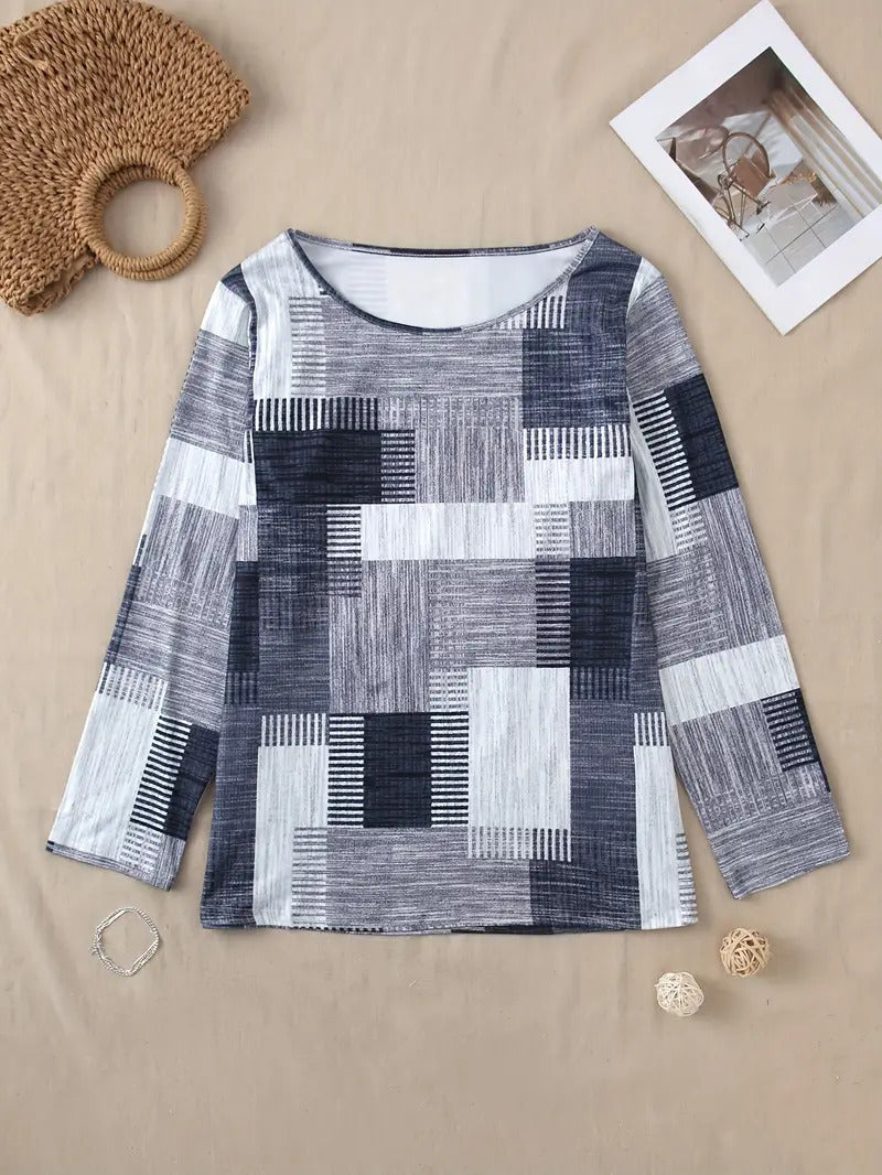 Casual Versatile Geometric Round Neck Long Sleeve Top