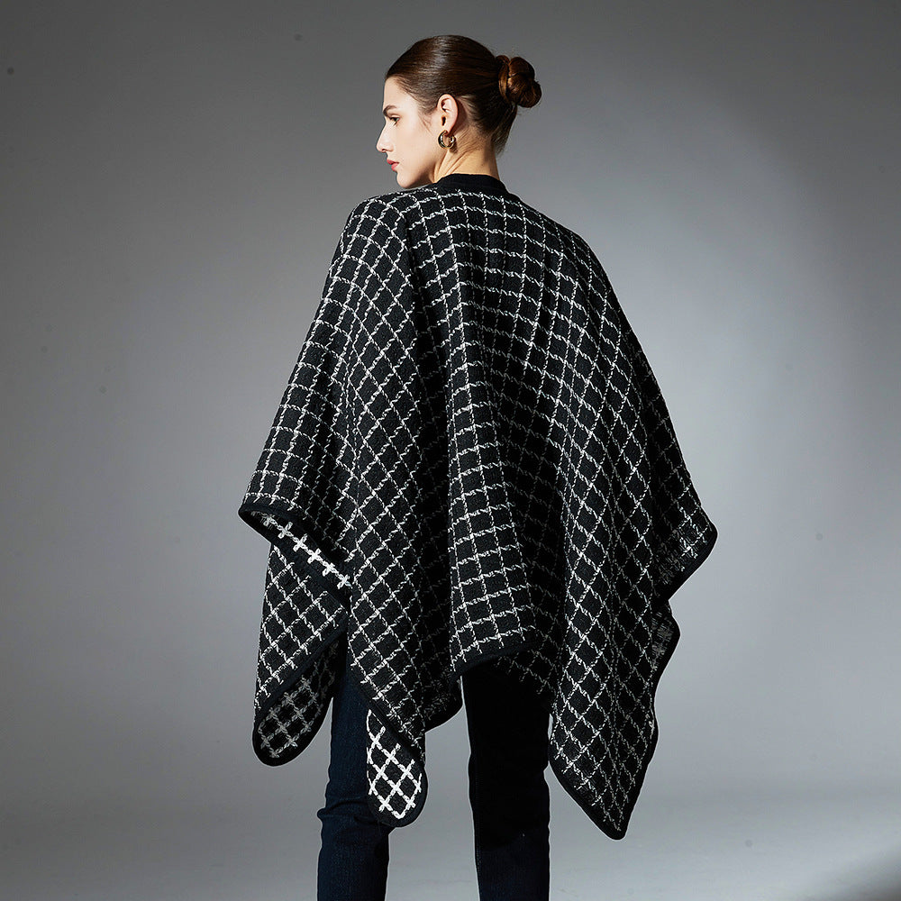 Black And White Buckle Loop Plaid Cross Shawl