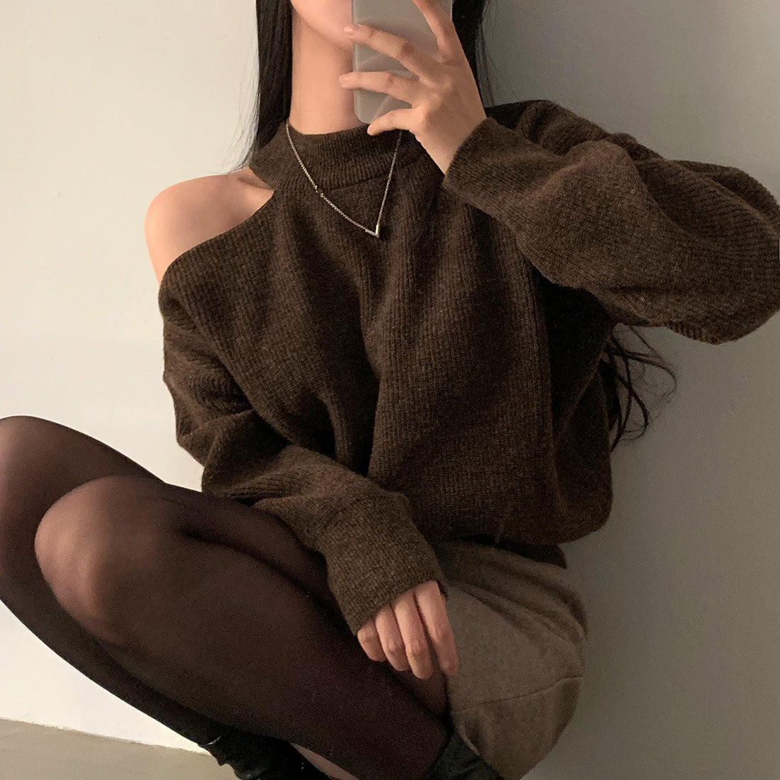 Retro Crew Neck Hollow Out Shoulder-baring Loose Sweater