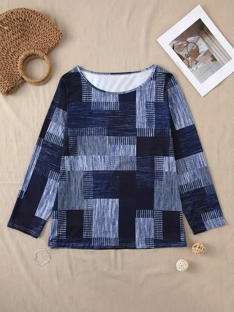 Casual Versatile Geometric Round Neck Long Sleeve Top