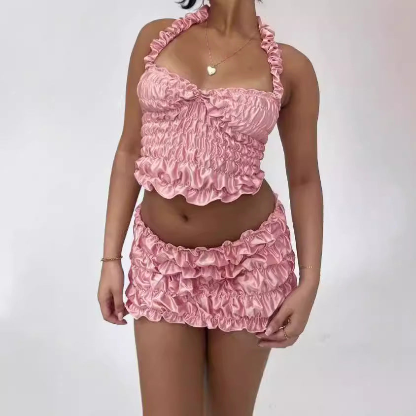 Women's Pleated Halter Spaghetti Straps Vest Sheath Skirt Outfit
