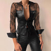 Lace Stitching PU Leather Shirt For Women