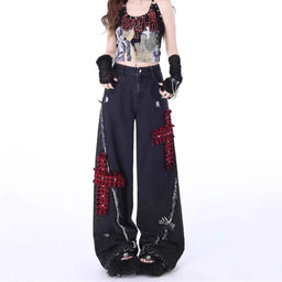 Retro Tattered Stitching Red Plaid Jeans