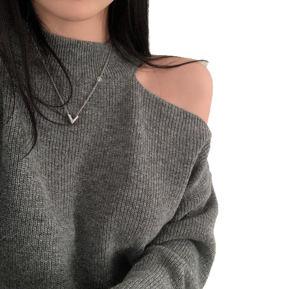 Retro Crew Neck Hollow Out Shoulder-baring Loose Sweater