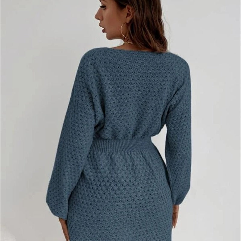 French Loose Round Neck Design Fitted Waist Sweater Knitted Dress