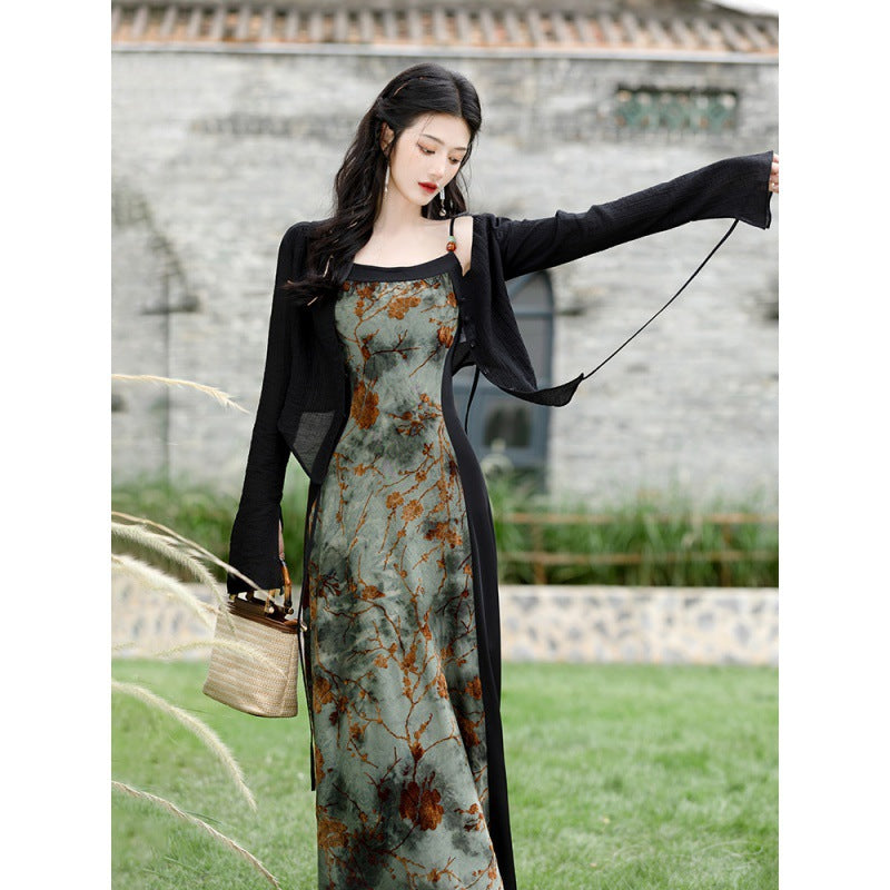 Retro National Style Beautiful Printed Tie-dye Dress Women's Two-piece Set