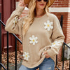 Casual Long-sleeved Knitted Sweater Loose Women's Round Neck Flower Sweater