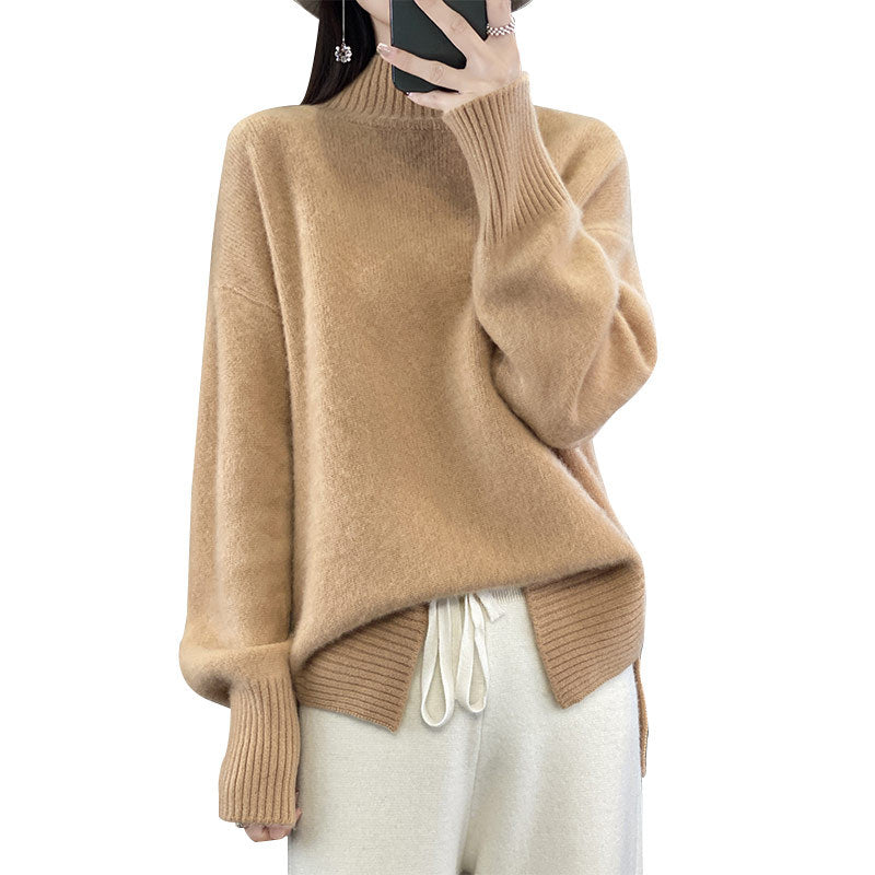 High Collar Drop-shoulder Sleeve Split Thick Sweater Women