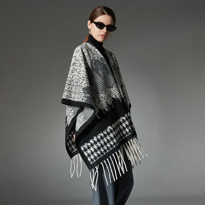 Wool Cloak Black And White Houndstooth Tassel Shawl