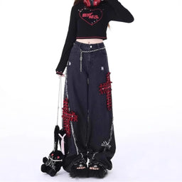 Retro Tattered Stitching Red Plaid Jeans