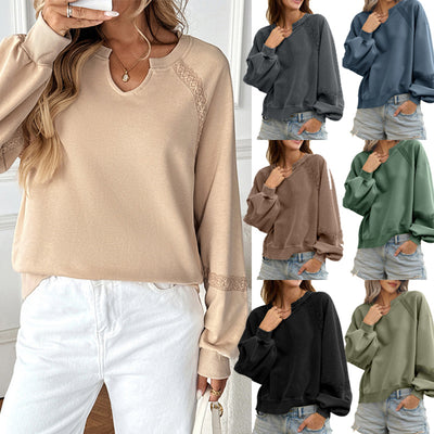 Solid Color Half-open Collar Stitching Lace Loose And Stylish Long Sleeves Sweater