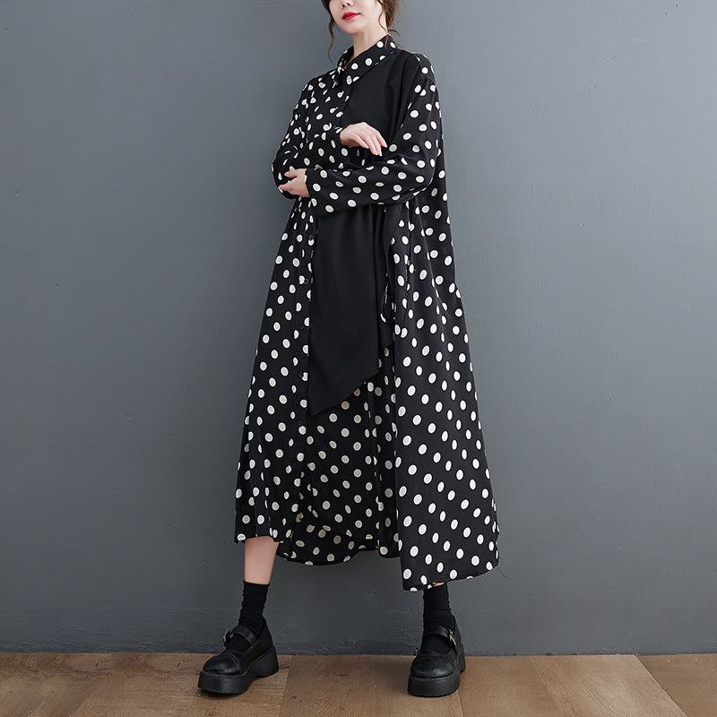 Artistic Plus Size Loose Slimming Printed Stitching Mid-length Dress