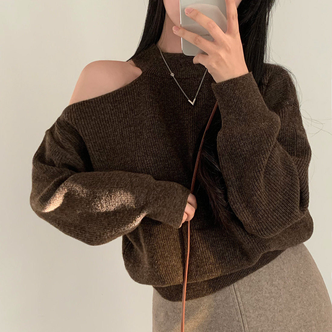 Retro Crew Neck Hollow Out Shoulder-baring Loose Sweater