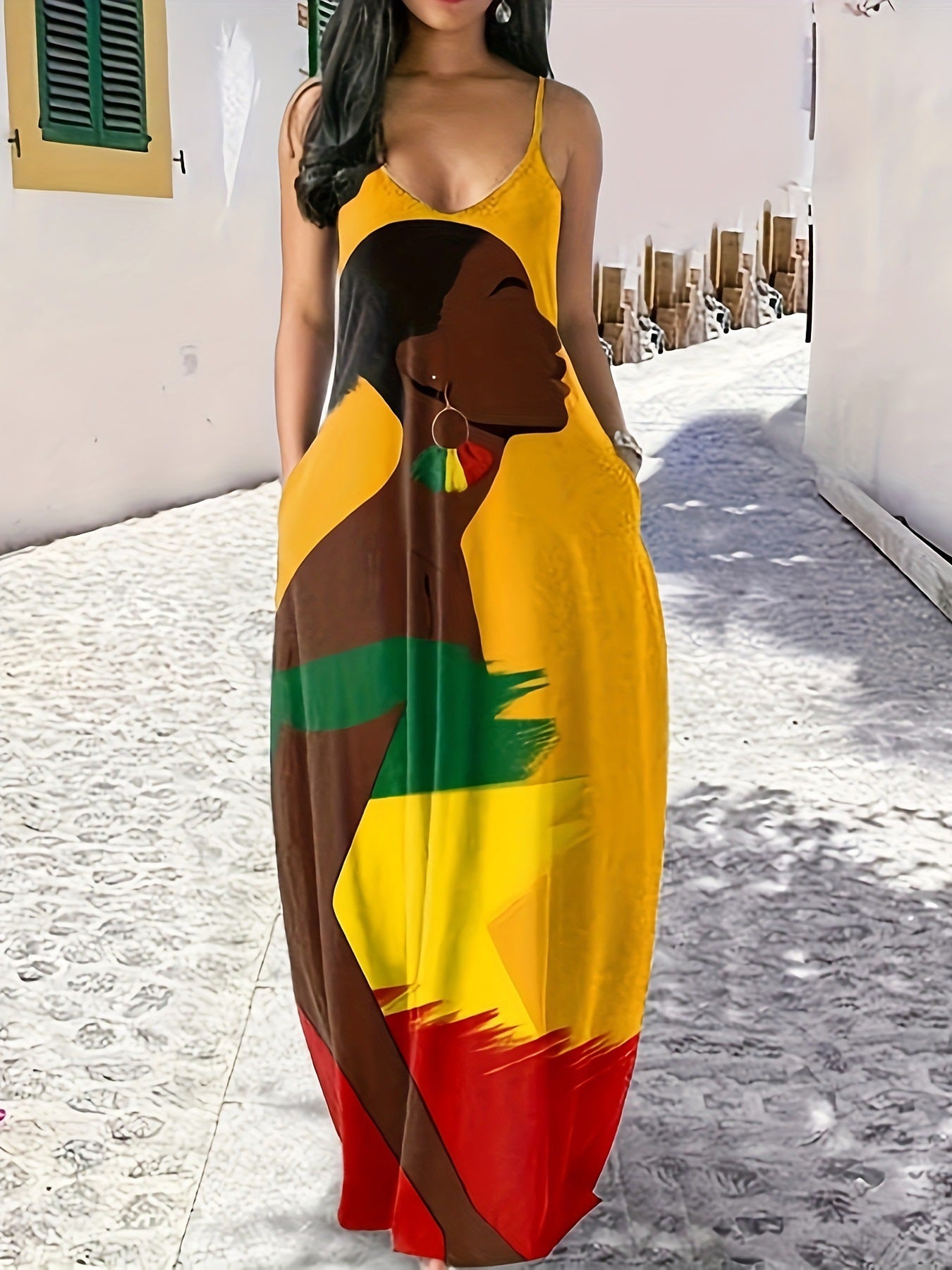V-neck Strap Long Digital Printing Ladies Dress
