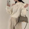 Retro Crew Neck Hollow Out Shoulder-baring Loose Sweater