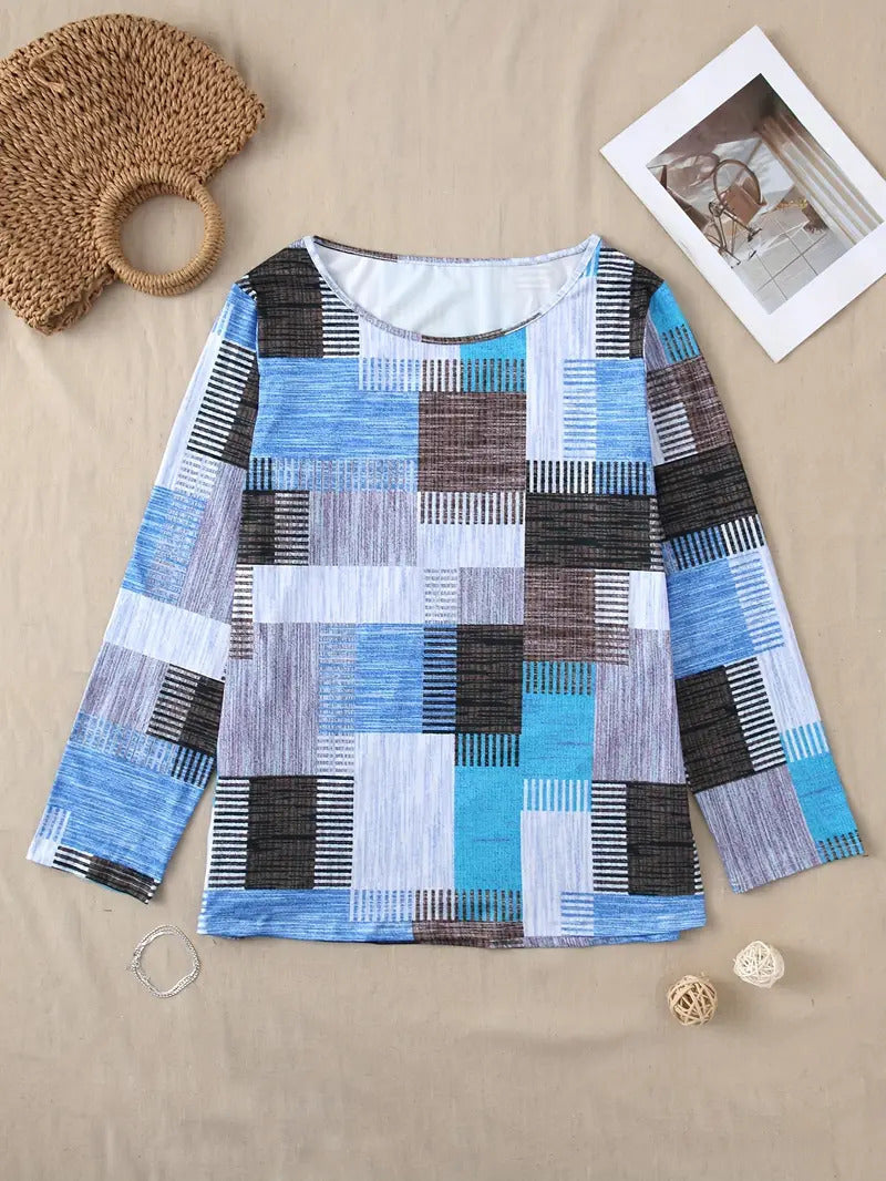 Casual Versatile Geometric Round Neck Long Sleeve Top