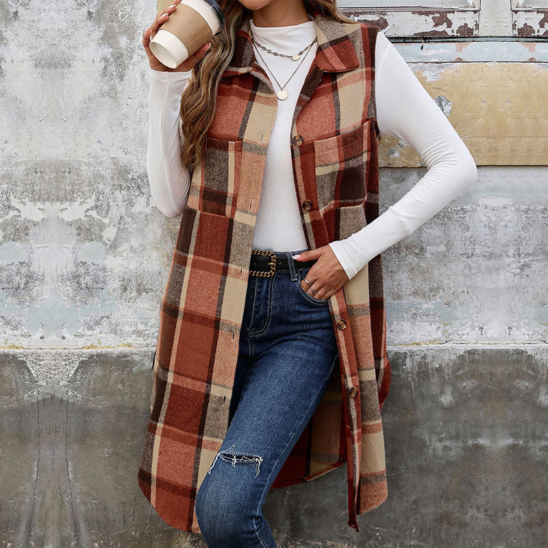 Women's Retro British Style Commute Leisure Lapel Long Plaid Coat