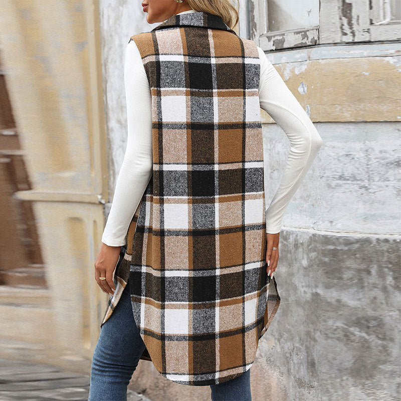 Women's Retro British Style Commute Leisure Lapel Long Plaid Coat