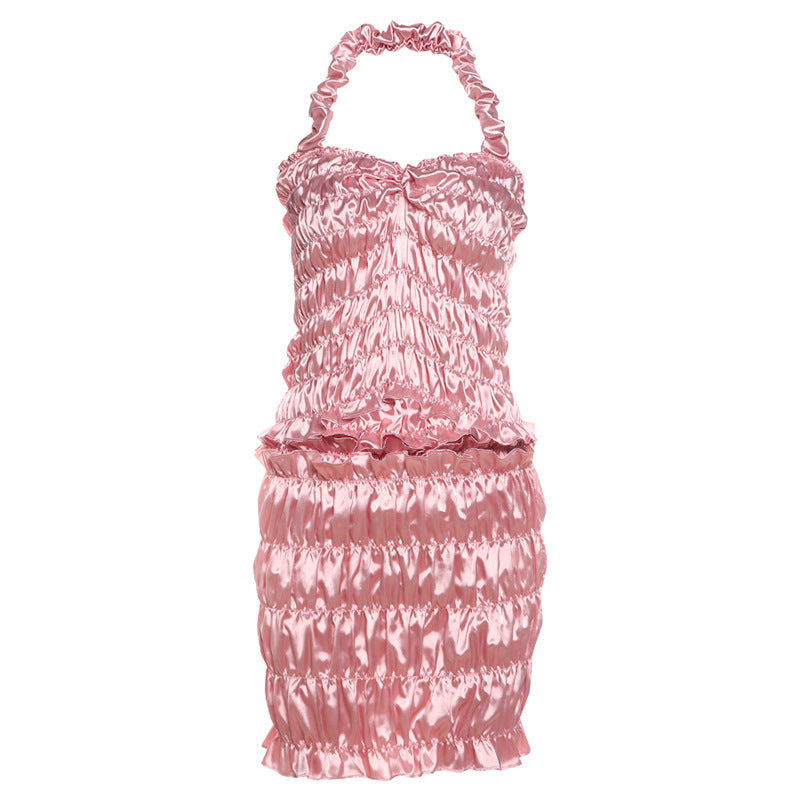 Women's Pleated Halter Spaghetti Straps Vest Sheath Skirt Outfit