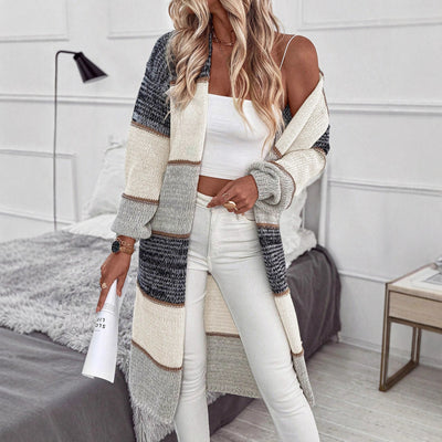 Women's Casual Knitted Color Matching Long Cardigan