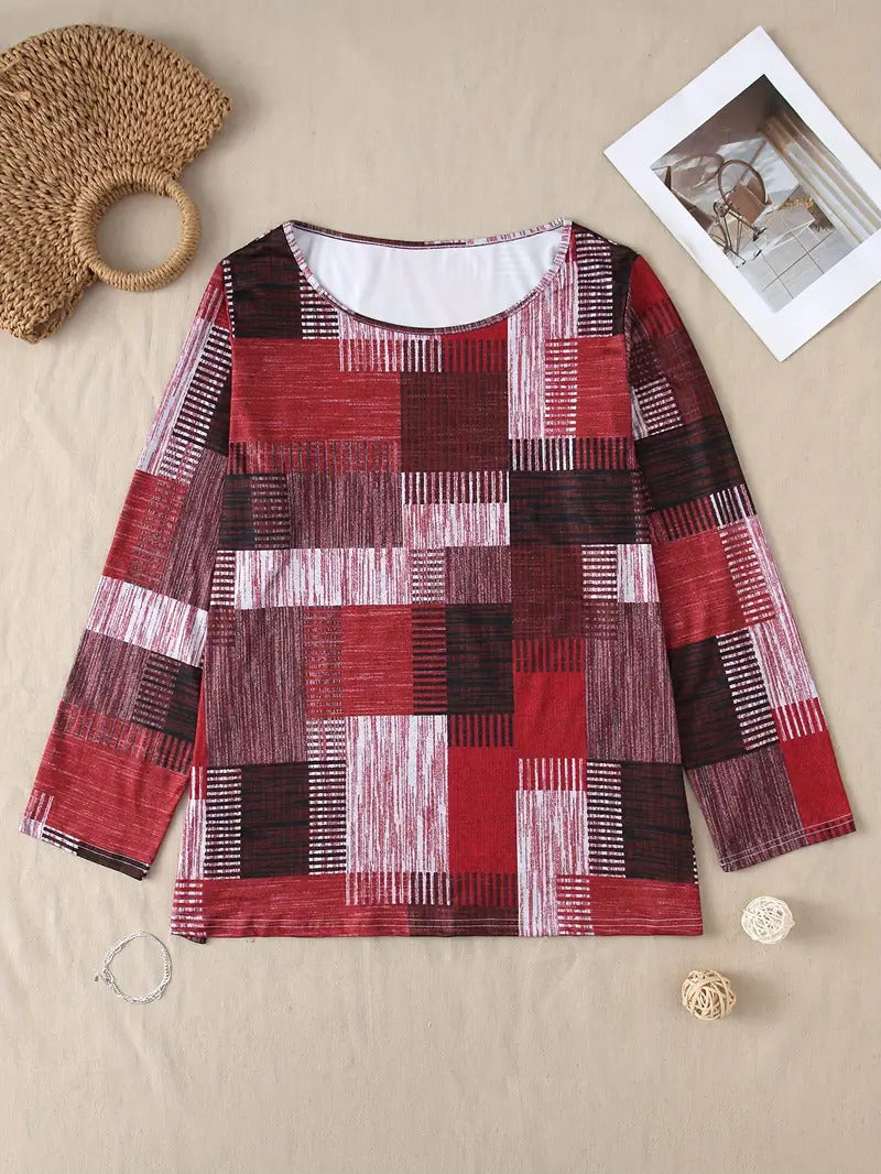 Casual Versatile Geometric Round Neck Long Sleeve Top