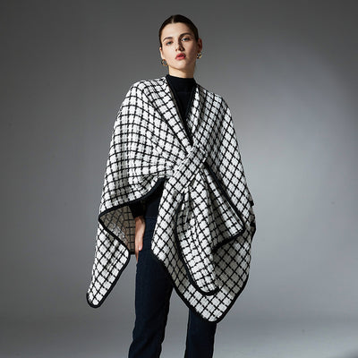 Black And White Buckle Loop Plaid Cross Shawl