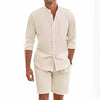 Men's Summer Two-piece Polyester Button Shirt Long Sleeve Shorts