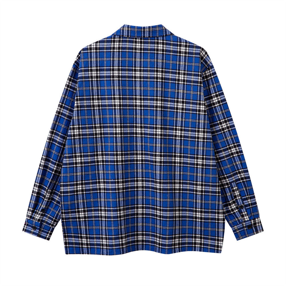 Embroidered Button Plaid Long-sleeved Shirt For Boys