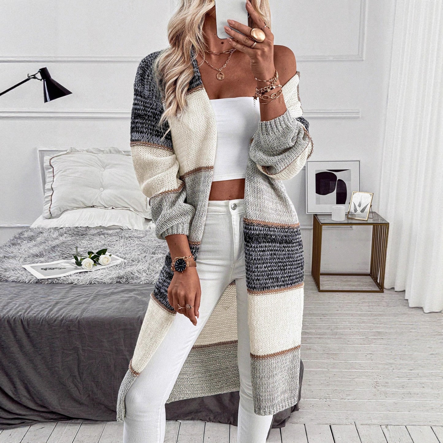 Women's Casual Knitted Color Matching Long Cardigan