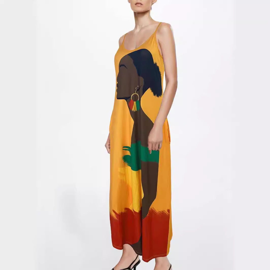V-neck Strap Long Digital Printing Ladies Dress