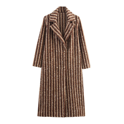 Autumn And Winter Women's British Style Woolen Striped Wide Coat