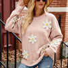 Casual Long-sleeved Knitted Sweater Loose Women's Round Neck Flower Sweater