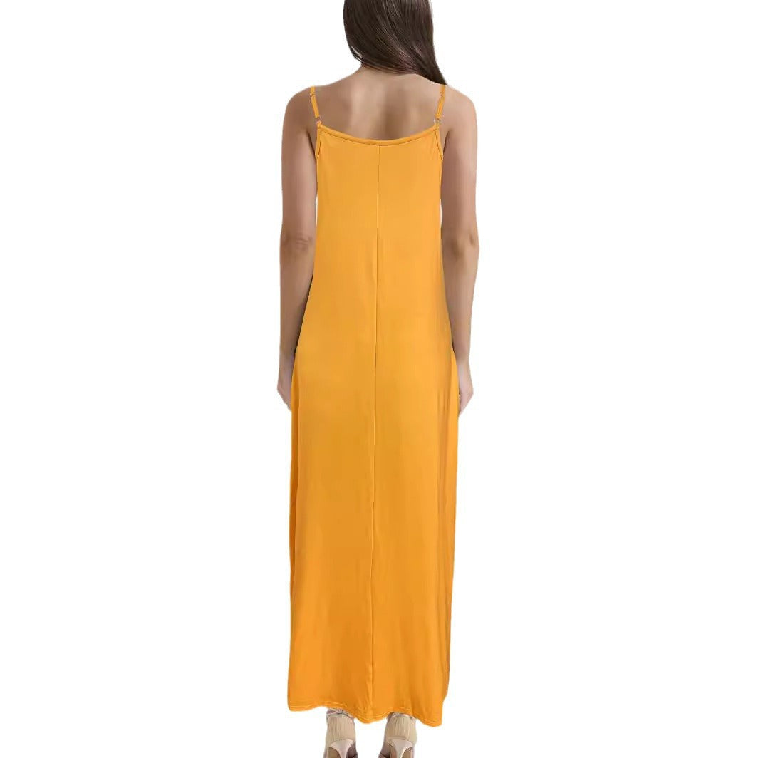 V-neck Strap Long Digital Printing Ladies Dress