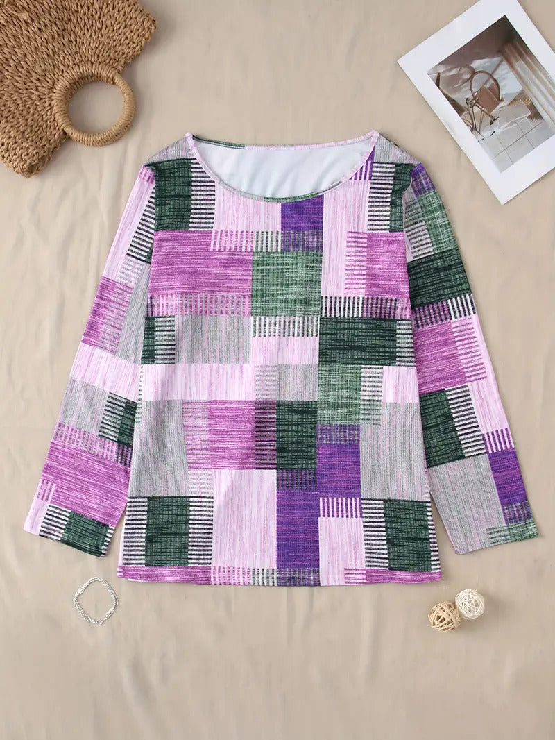Casual Versatile Geometric Round Neck Long Sleeve Top