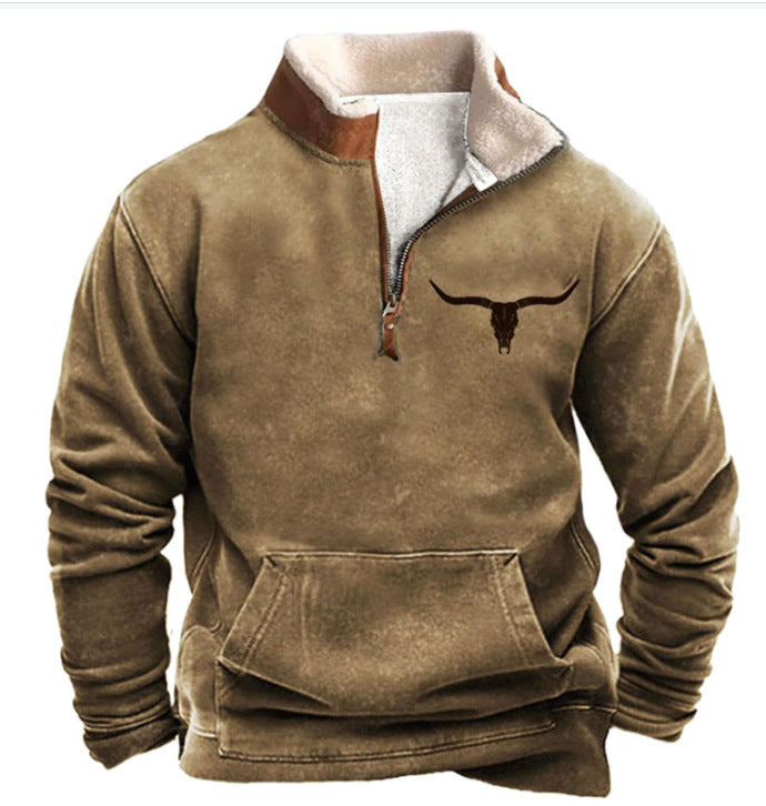 Spring And Autumn Men's Long Sleeves Half Zipper Printed Casual Fashion Jacket Coat