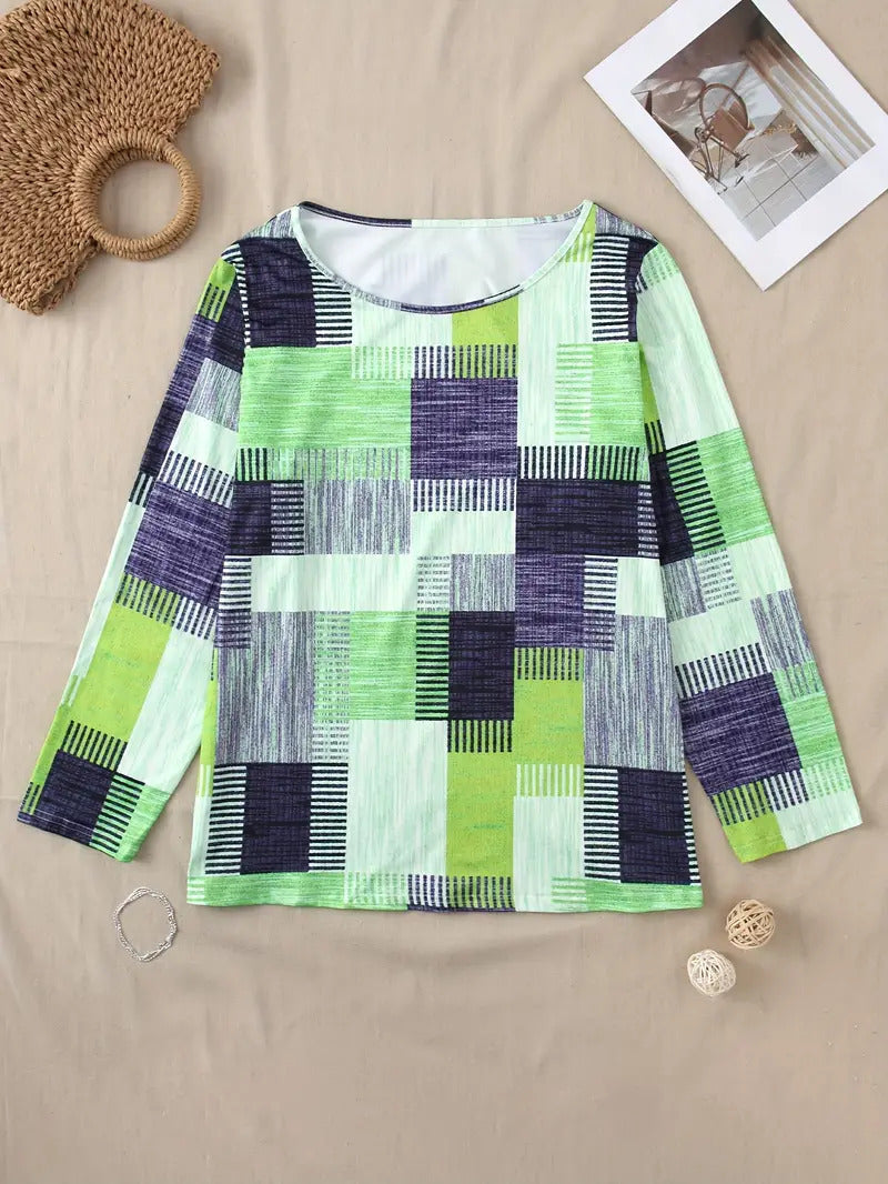 Casual Versatile Geometric Round Neck Long Sleeve Top