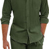 Men's Summer Two-piece Polyester Button Shirt Long Sleeve Shorts