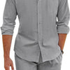 Men's Summer Two-piece Polyester Button Shirt Long Sleeve Shorts