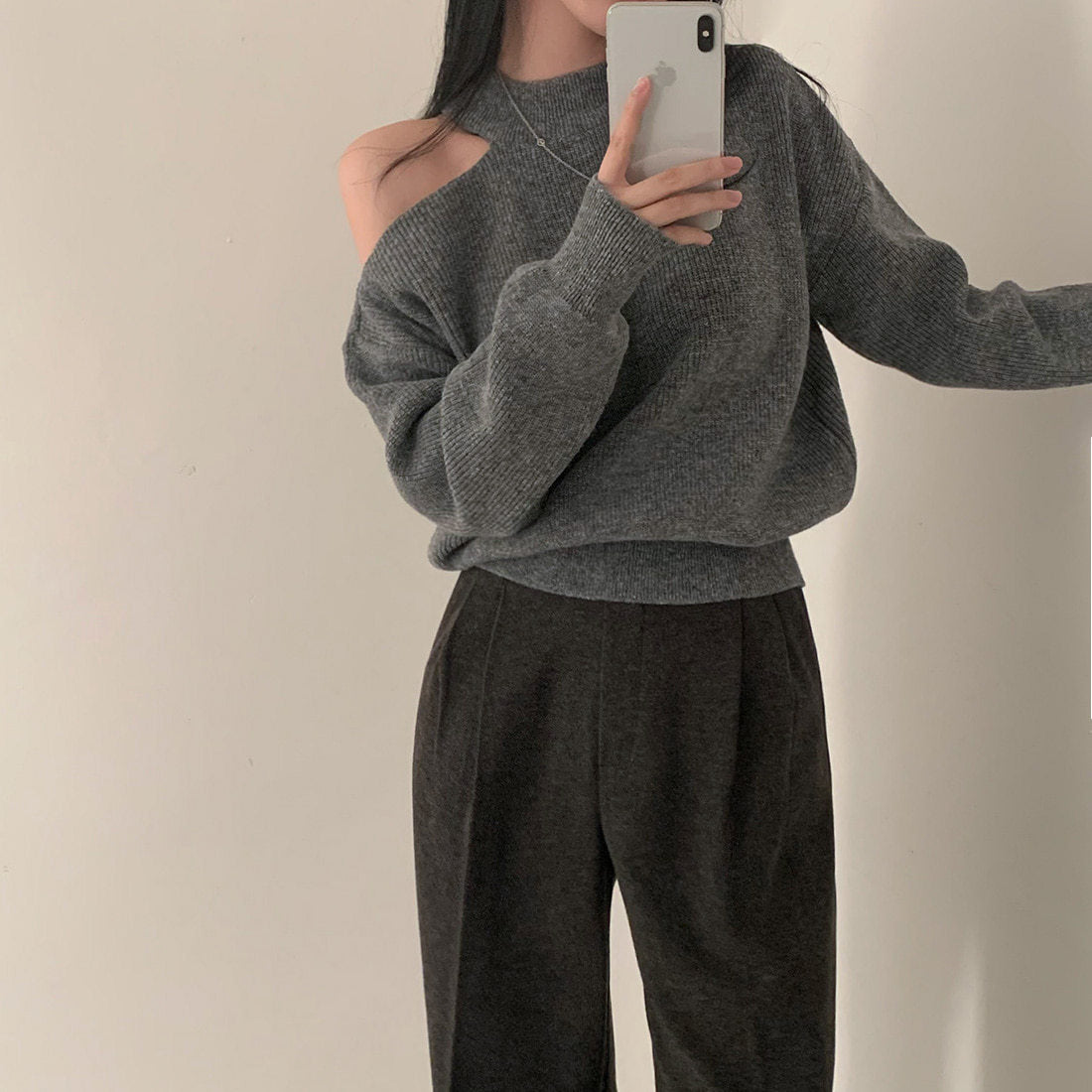 Retro Crew Neck Hollow Out Shoulder-baring Loose Sweater