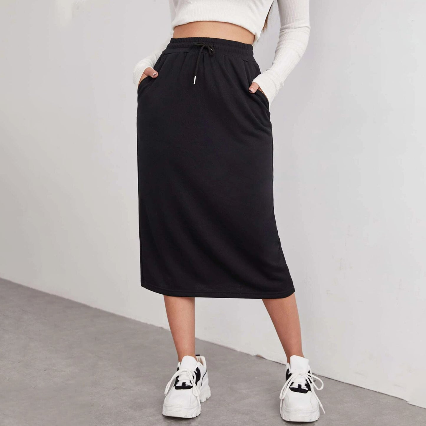Sports Leisure Commute Loose Elastic Waist Solid Skirt