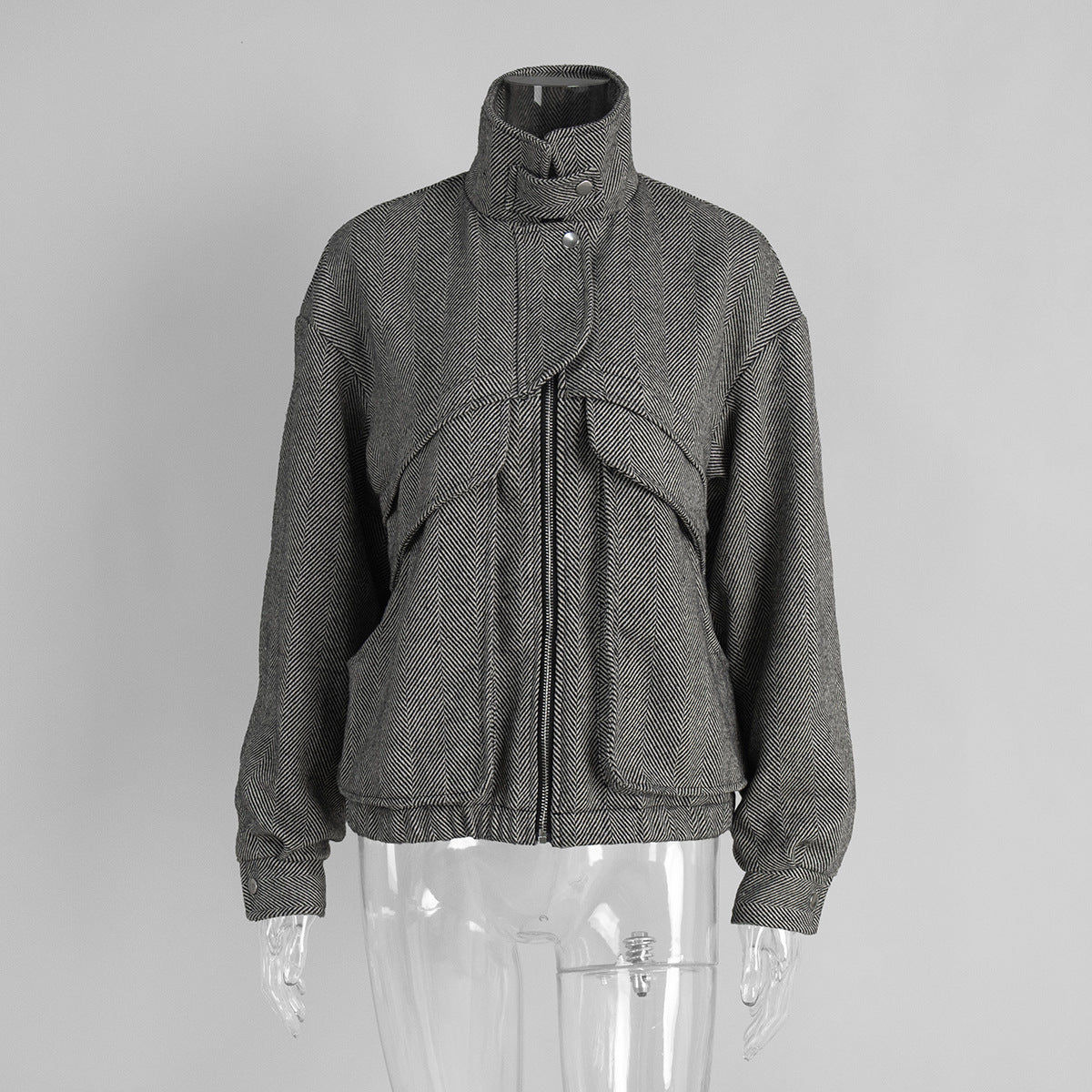 Stand-up Collar Jacket Zipper Top With Pockets Loose Woolen Coat